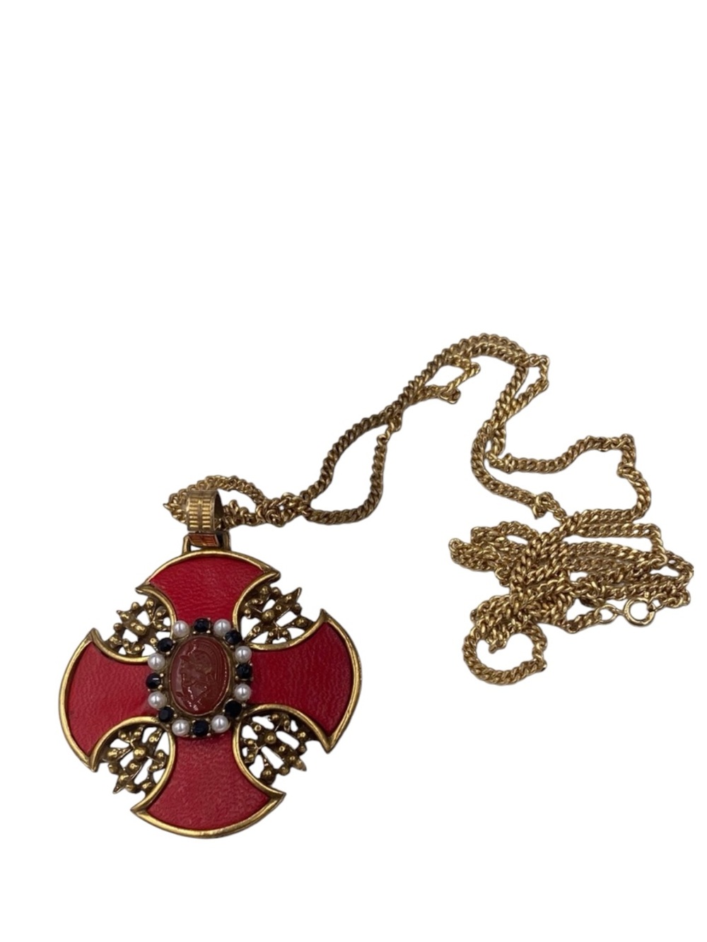 Signed ART ( Art-Mode) Maltese Cross Cameo Heraldic Cameo Necklace